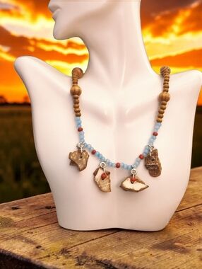 Boho Blue and Brown Stone Charm Necklace